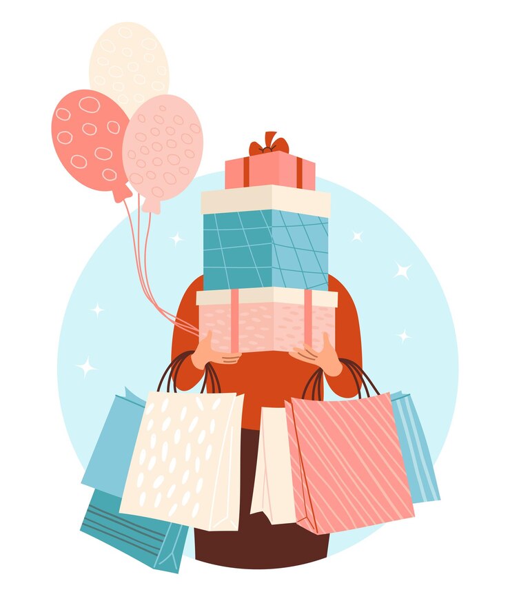 Vector mujer festiva con muchas bolsas de regalos cajas de regalos y globos compras de vacaciones y día de ventas