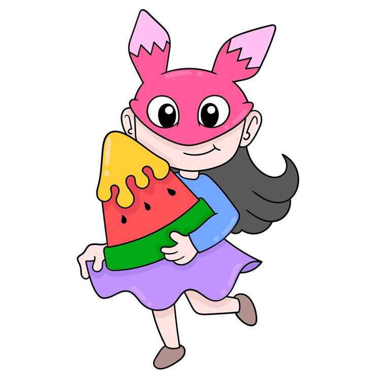 Vector mujer en fiesta en el jardín con sandía grande, arte de ilustración vectorial. imagen de icono de doodle kawaii.