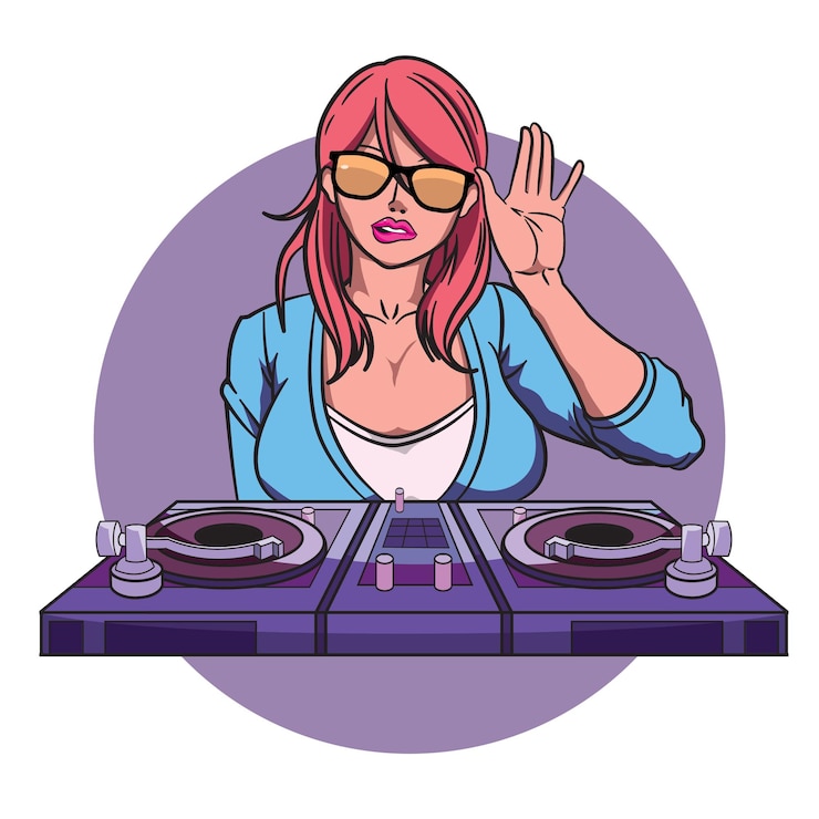 Vector mujer de fiesta jugando a dj con gafas