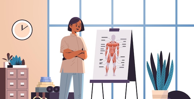 Mujer fisioterapeuta que presenta el sistema de órganos del cuerpo humano a bordo del concepto de estilo de vida de la generación z