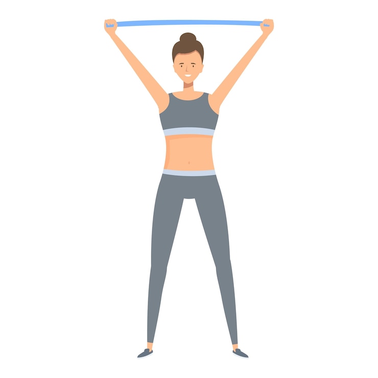 Vector mujer de fitness estirando los brazos sosteniendo una banda elástica sonriendo en el gimnasio