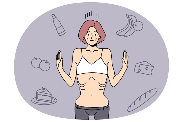 Una mujer flaca se niega a comer y sufre de anorexia.
