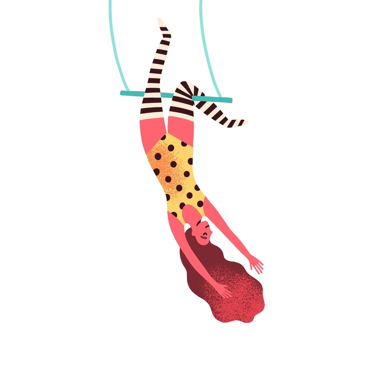 Vector mujer flexible equilibrista colgando de columpio sosteniendo por piernas vector ilustración plana. espectáculo de actuación de gimnasta profesional femenina linda en el circo aislado. acróbata aérea en la actuación de shapito.