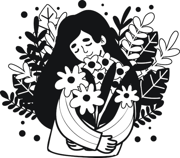 Mujer con flor en la ilustración del concepto del día de la mujer en estilo garabato