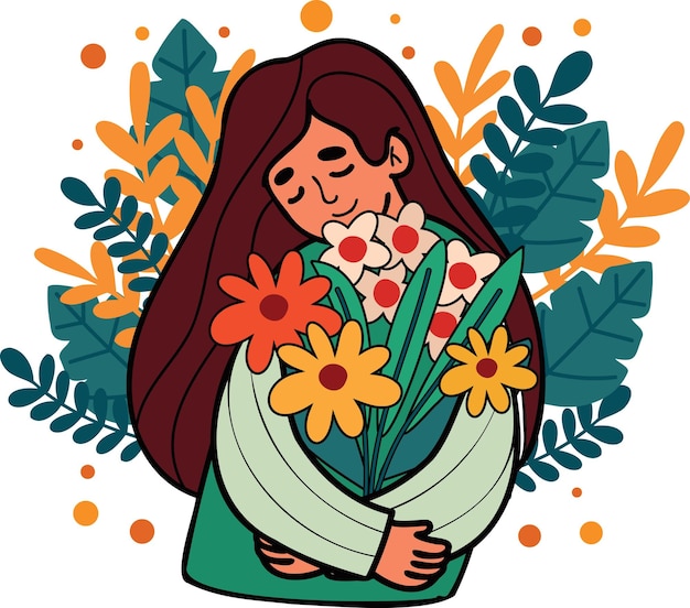 Mujer con flor en la ilustración del concepto del día de la mujer en estilo garabato