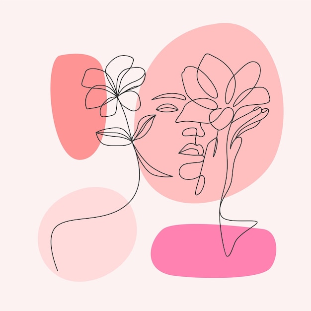 Vector mujer y floral mínima ilustración dibujada a mano. estilo de arte lineal