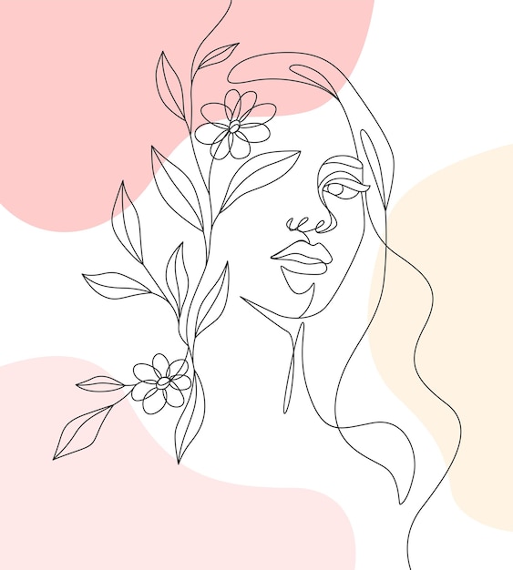 Mujer y flores dibujadas mínimamente en un estilo de arte de línea