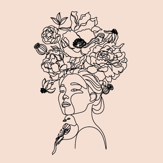Mujer con flores línea arte vector línea minimalista dibujo cabeza de flor belleza moda logotipo