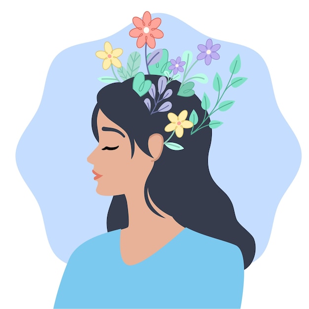 Mujer con flores que simbolizan el crecimiento mental y la serenidad
