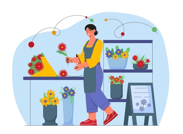 Mujer florista en el lugar de trabajo joven con flores y ramos florecen y florecen plantas belleza