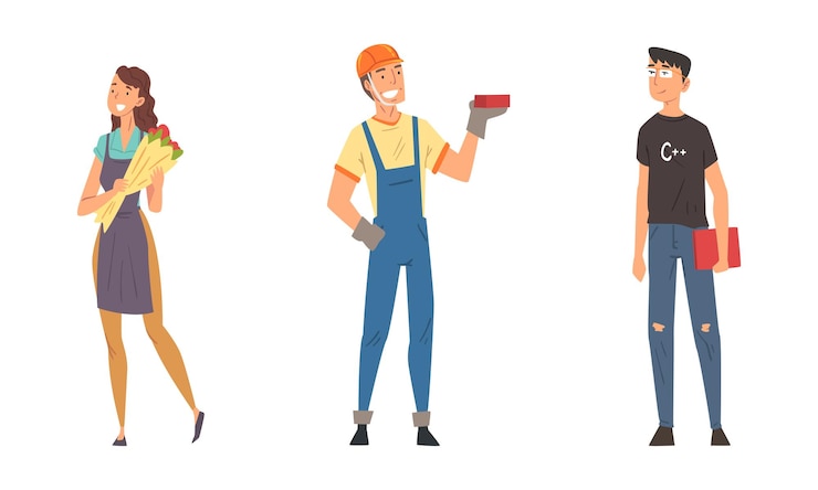 Vector mujer florista con ramo de flores y hombre constructor con conjunto vectorial de ladrillos