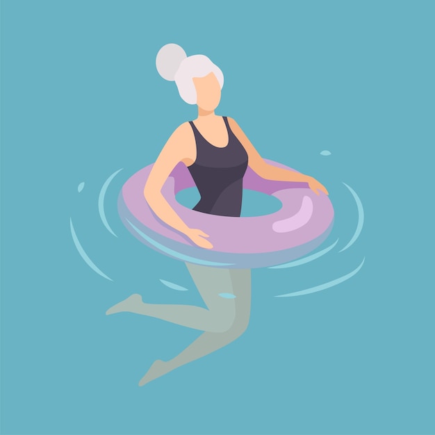 Mujer flotando en un anillo inflable Mujer en traje de baño negro relajándose en el mar Océano o piscina en vacaciones de verano Ilustración vectorial Estilo plano