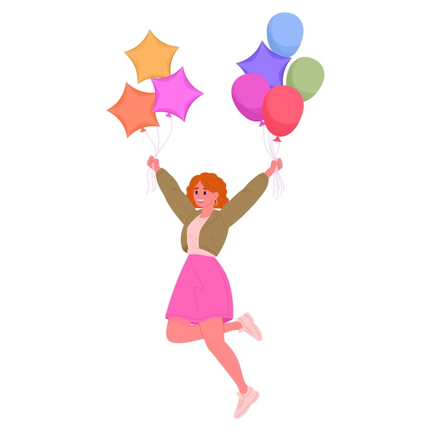 Mujer flotando con globos de aire Niña de dibujos animados con coloridos globos de helio en las manos Ilustración vectorial plana Personaje femenino alegre saltando con balones