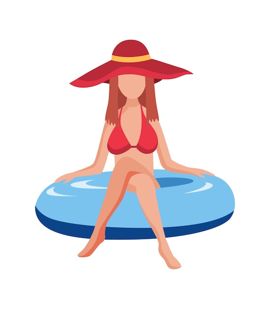 Vector mujer flotar sobre un colchón de aire. divertido personaje femenino con sombrero. señorita nadando en anillo inflable. ilustración de dibujos animados plana de verano