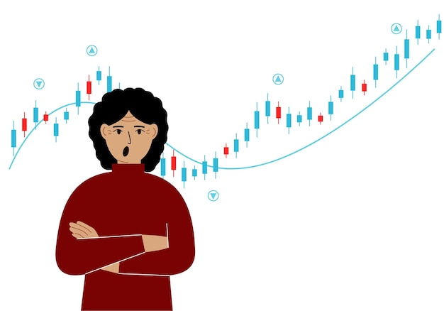 Vector una mujer en el fondo de un gráfico de forex ilustración conceptual sobre el tema de la planificación estratégica en el comercio en la bolsa de valores