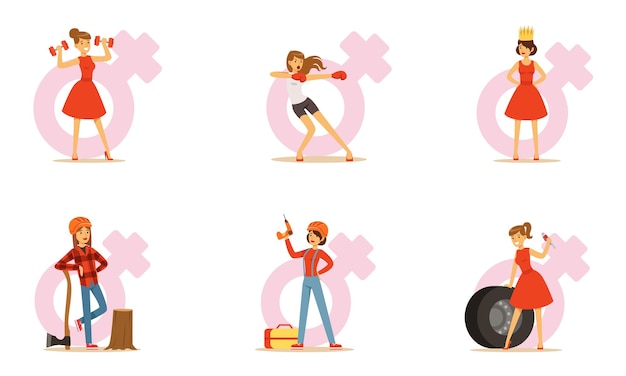 Mujer frágil haciendo el trabajo tradicional de los hombres Conjunto de ilustraciones vectoriales aisladas en fondo blanco