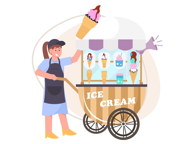 Vector una mujer se para frente a un carrito de helados ilustración