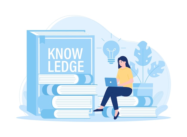 mujer frente a una computadora portátil sentada con libros sobre el concepto de aprendizaje en línea ilustración plana