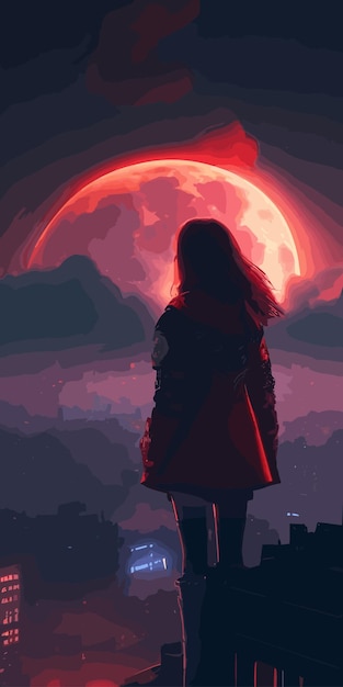 Una mujer se para frente a la luna llena.