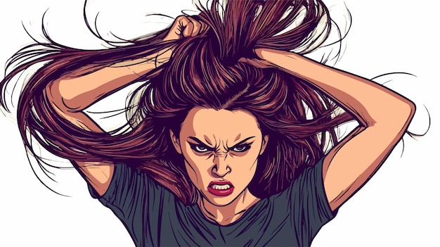 Una mujer frustrada tirando de su ilustración vectorial de cabello