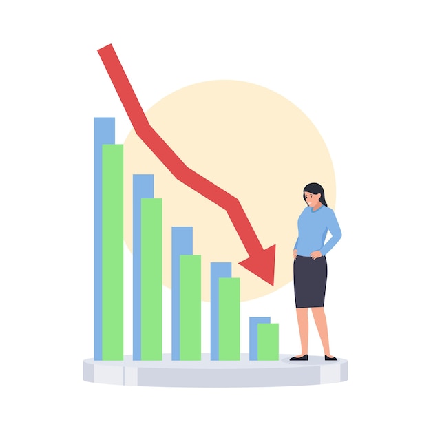 Vector mujer frustrante porque cae la metáfora del gráfico de la recesión