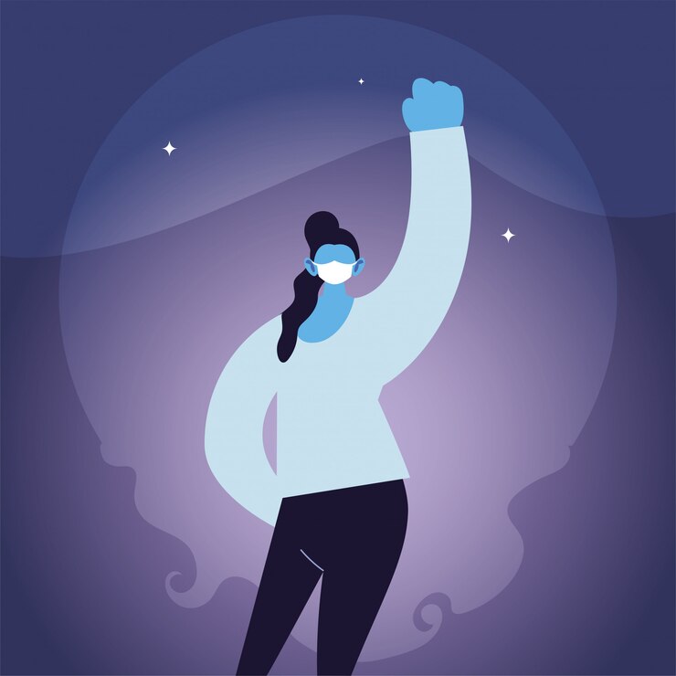 Vector mujer fuerte con mascarilla en la ciudad
