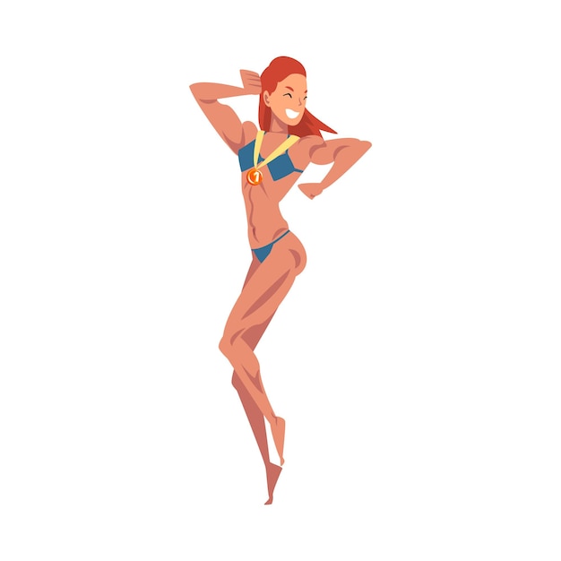 Mujer fuerte y musculosa de culturismo posando con una medalla Atleta femenina feliz celebrando su victoria Ilustración vectorial