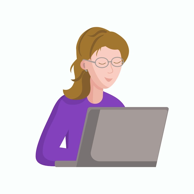 Mujer con gafas con una computadora La niña escribe mensajes en el chat Mujer joven con computadora portátil Correspondencia de amor Vector ilustración plana Fondo aislado