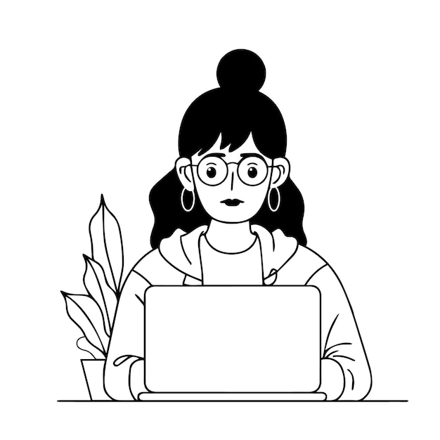 una mujer con gafas está sentada en una computadora portátil con una planta en la esquina