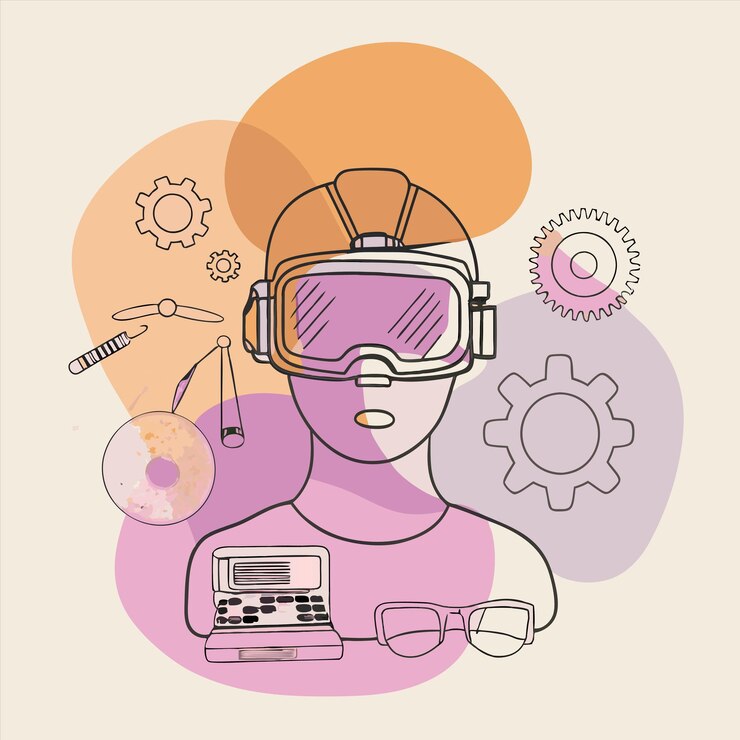 Vector una mujer con gafas de protección con una computadora y un ratón de computadora
