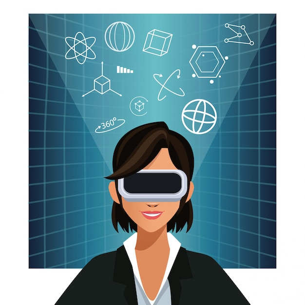 Vector mujer con gafas de realidad aumentada fondo 3d