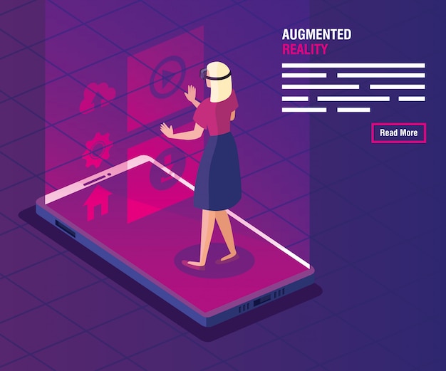 Mujer con gafas de realidad aumentada y smartphone