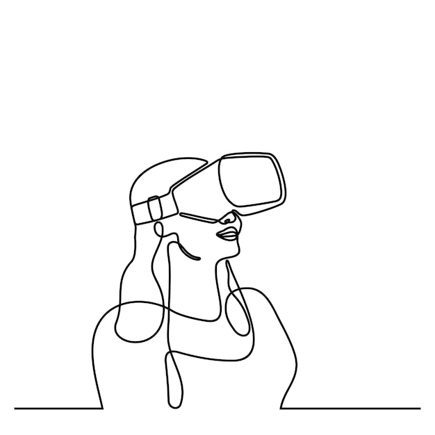 Mujer con gafas de realidad virtual dispositivo concepto Metaverse Línea continua dibujada a mano Un li