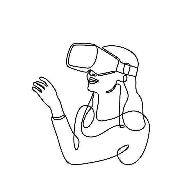 Mujer con gafas de realidad virtual dispositivo concepto Metaverse Línea continua dibujada a mano Un li
