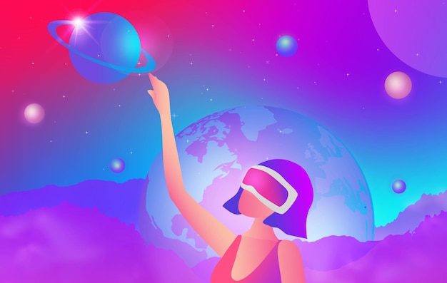 Mujer con gafas de realidad virtual con experiencia 3d en realidad virtual