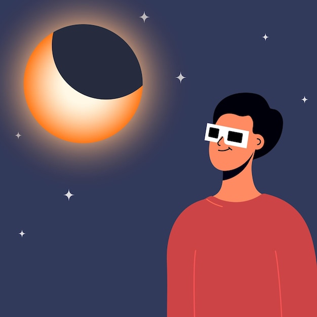 Mujer con gafas de seguridad mira una ilustración vectorial de un eclipse solar parcial