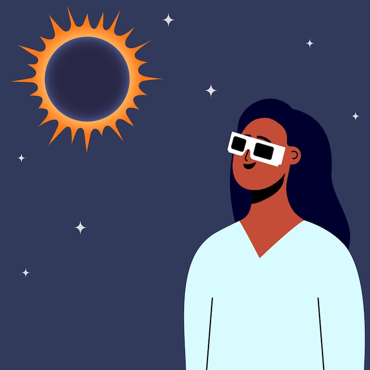 Vector mujer con gafas de seguridad mira una ilustración vectorial de un eclipse solar