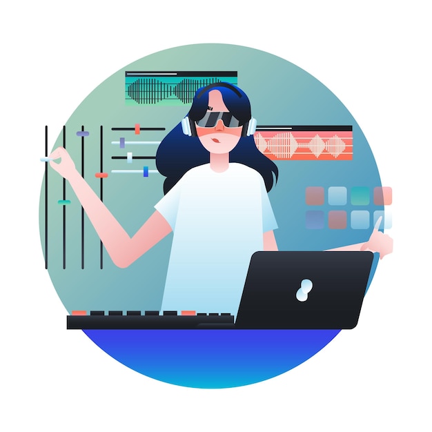 Mujer con gafas sentada en la mesa cerca de trabajar en la computadora portátil