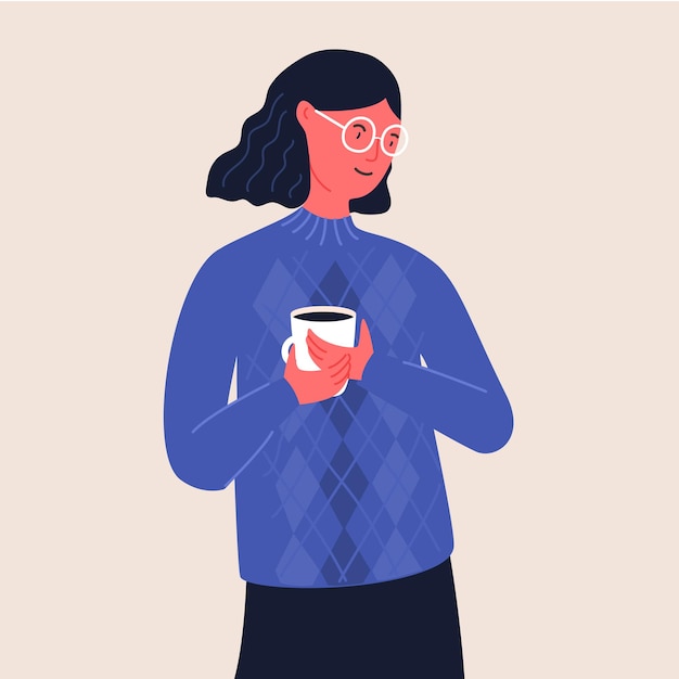 Vector mujer con gafas sostiene una taza de café chica con cabello ondulado en suéter de punto azul ilustración plana