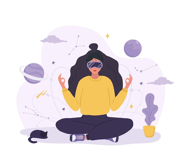 Mujer en gafas VR meditando y relajándose Metaverse Cyberspace o Concepto de realidad virtual Tecnología moderna para la salud mental y física Ilustración vectorial en estilo de dibujos animados planos
