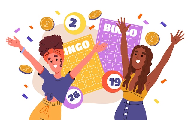 Vector mujer ganadora de la lotería concepto joven con bingo y juegos de monedas de oro para la suerte y la fortuna