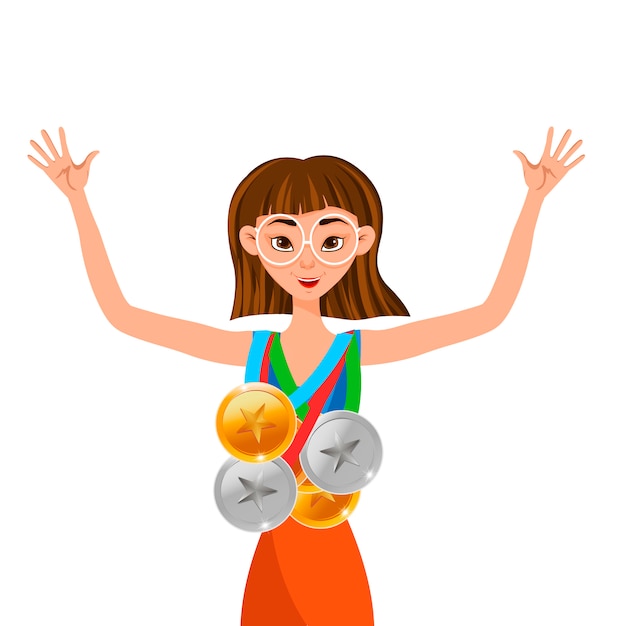 Mujer ganadora con medallas de oro, plata y bronce.