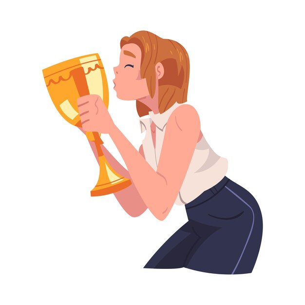 Mujer ganadora sosteniendo la copa de oro como trofeo e ilustración vectorial del premio