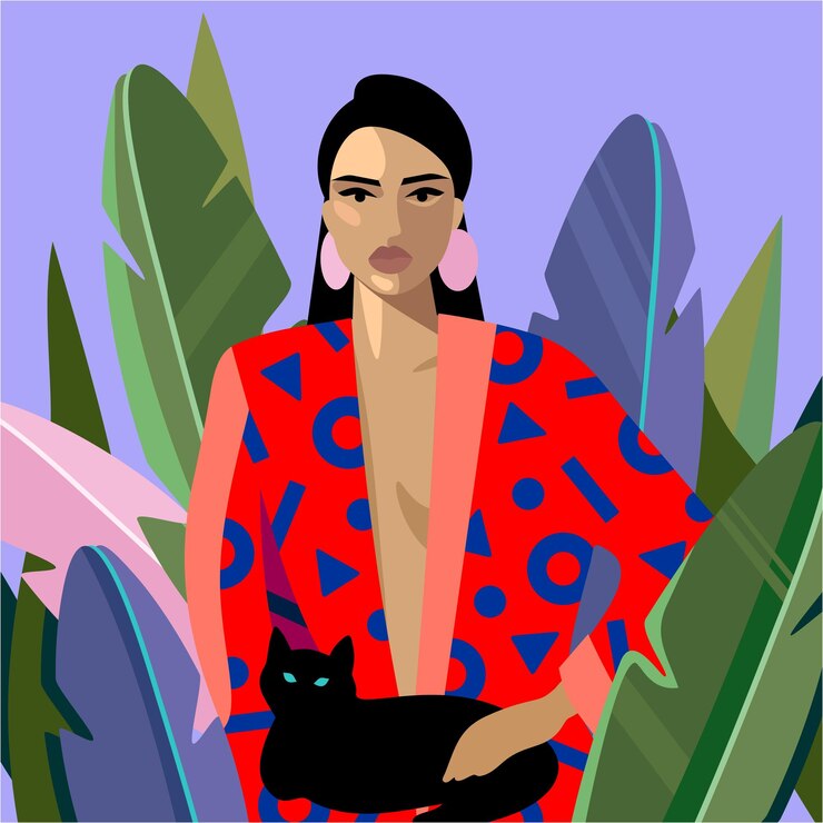 Vector mujer con gato negro en el jardín