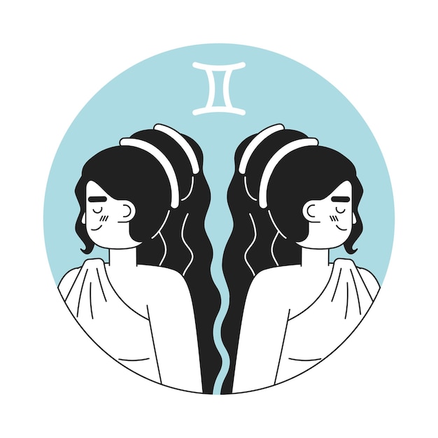 Mujer gemela zodiaco monocromo ilustración de puntos vectoriales redondas mujeres atractivas 2D plano bw personaje de dibujos animados para diseño de interfaz de usuario web Astrología aislada imagen de héroe dibujada a mano editable