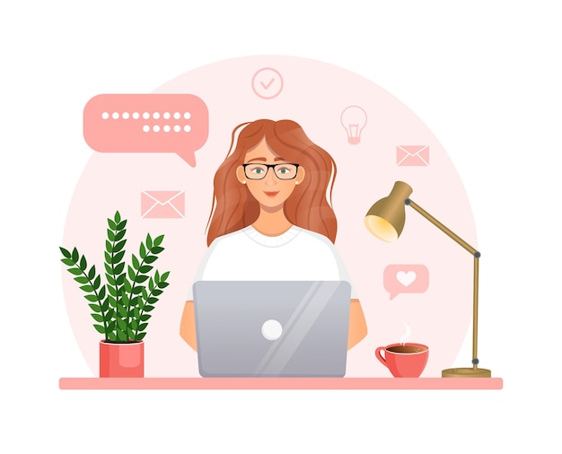 Mujer gerente trabaja en una computadora responde a mensajes