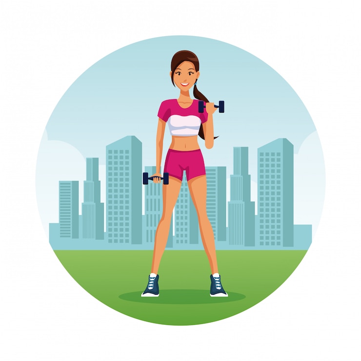 Vector mujer de gimnasio en ciudad icono de dibujos animados redondos