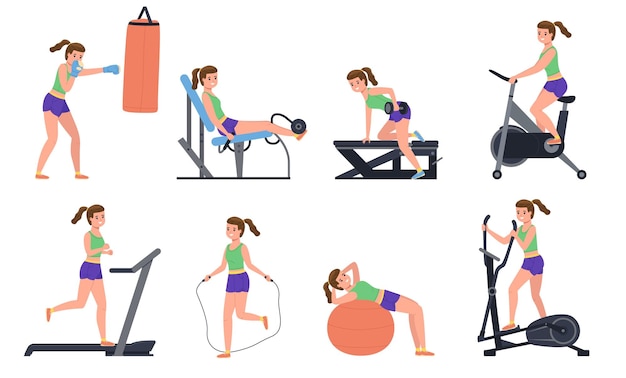 Vector mujer en el gimnasio deportivo chica atlética trabaja en diferentes simuladores actividades de acondicionamiento físico y entrenamiento corporal estilo de vida activo saludable atlético personaje femenino vector de dibujos animados estilo plano conjunto aislado