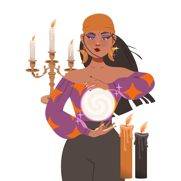 Mujer gitana como adivina con bola de cristal prediciendo el futuro o realizando una ilustración vectorial ritual oculto
