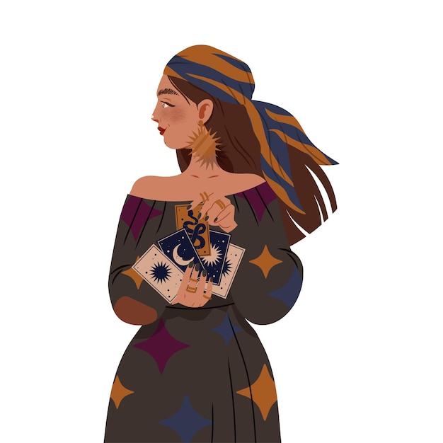 Mujer gitana como adivina sosteniendo cartas de tarot prediciendo el futuro o realizando una ilustración vectorial de rituales ocultos